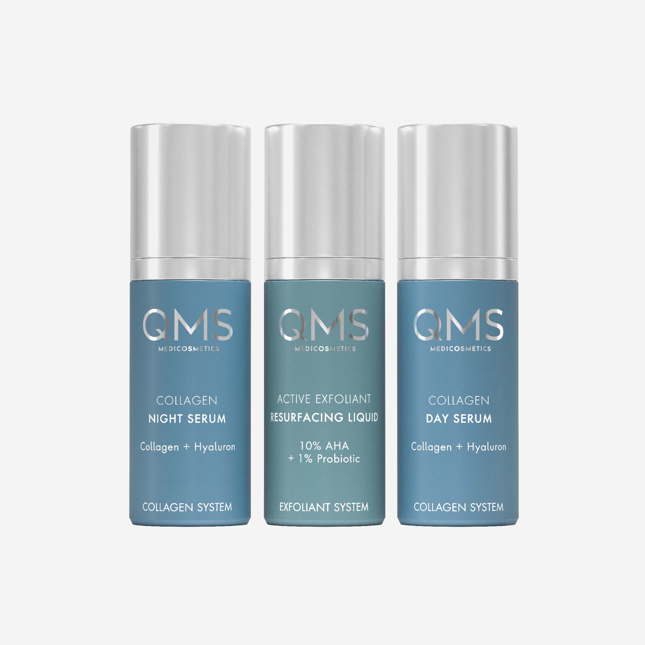 QMS 3 produits night serum resurfacing liquid day serum